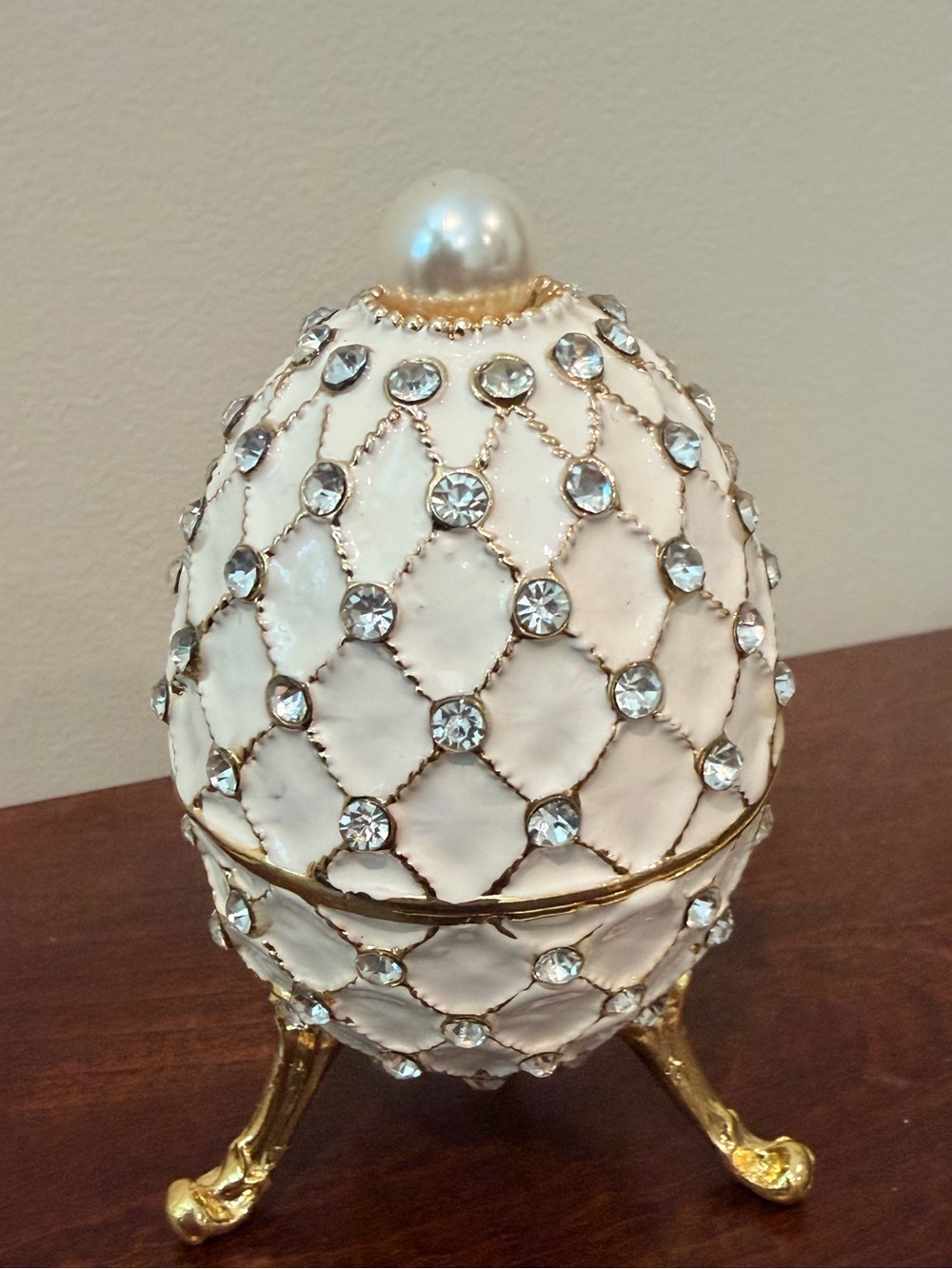 Ornate White Austrian Crystals Egg Trinket Box - Handpainted